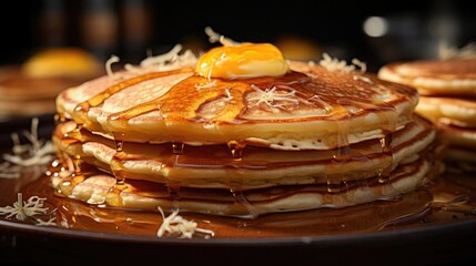Wall Mural - Close-Up of pile of pancakes with melted sweet syrup and fruit toppings with a blurred background