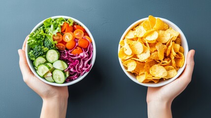 Two people holding bowls of food, one with a salad and the other with chips