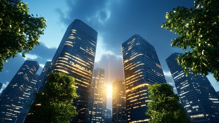 Wall Mural - A city skyline with tall buildings and trees in the foreground