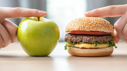 Two people are pointing at a green apple and a hamburger