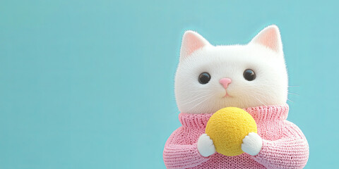 Cute white cat wearing a pink sweater with a yellow ball, generative AI