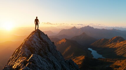 A man stands on a mountain top, looking out over a beautiful landscape