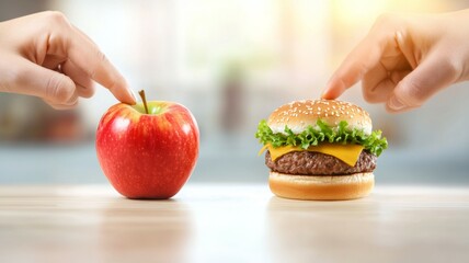 Two people are pointing at a hamburger and an apple