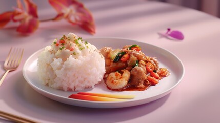 Poster - A Plate of Stir-Fried Shrimp with Rice and Garnish