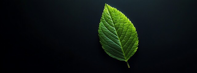 Wall Mural - A Single Green Leaf on a Black Background