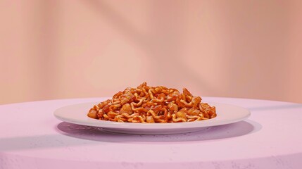 Wall Mural - A Plate of Golden-Brown Pasta on a Pink Tablecloth