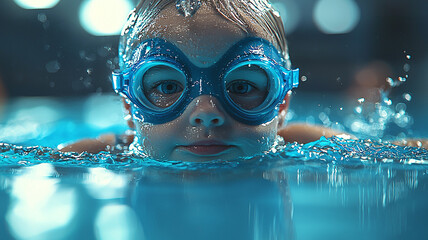 A young child wearing blue goggles is swimming in a pool