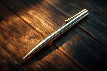 a silver pen with gold accents on a wooden surface