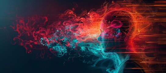 A colorful, abstract image of a person's face with smoke and fire surrounding it by AI generated image