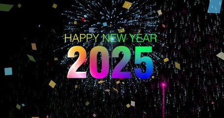 Wall Mural - confetti, happy new year 2025 and fireworks effect for party, carnival or event on dark background f