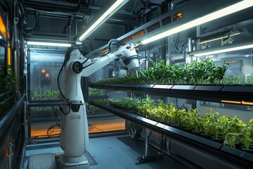 Wall Mural - Vertical farming system with automated robots tending the plants. The setup is sleek and futuristic, Generative AI