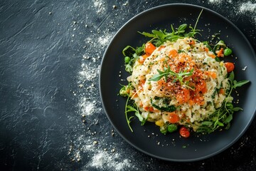 Wall Mural - Creamy Risotto with Vegetables and Arugula on a Black Plate