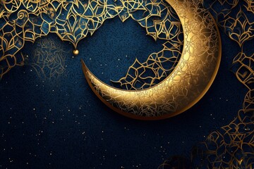 Ramadan Kareem. Gold moon and abstract luxury islamic elements background with generative ai