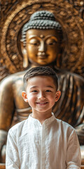 Canvas Print - A boy with short hair, dressed in white and smiling, behind him is an ancient bronze Buddha statue, generative AI