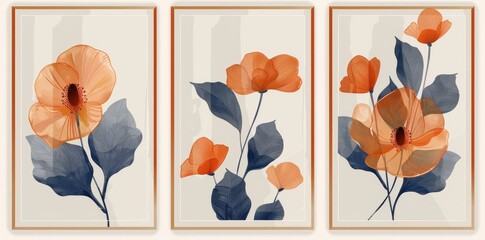 Abstract orange flower art print in a framed canvas set of 3. Perfect for modern and minimalist interior designs.