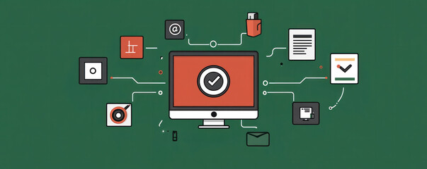 A computer monitor with a red check mark on it. The monitor is surrounded by various icons and buttons, including a keyboard and a mouse. Concept of productivity and efficiency