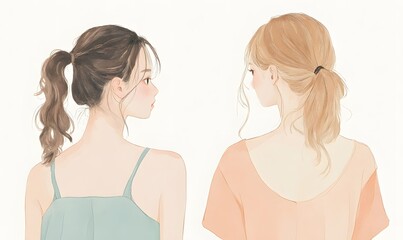 Wall Mural - Delicate watercolor line drawing upper body of two cute 15-year-old girls, Generative AI