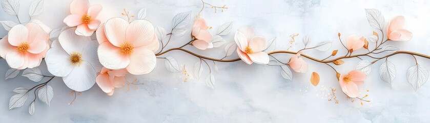 Wall Mural - Delicate Floral Branch with Peach and White Flowers on a Gray Background.