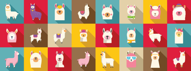 Sticker - Alpaca icons set. Set of cute llamas wearing clothes and accessories enjoying summer vacation