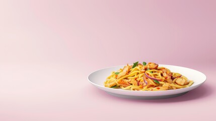 Wall Mural - A Plate of Stir-Fried Noodles with Shrimp and Vegetables on a Pink Background