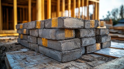 Wall Mural - stack of concrete foundation blocks with price tags attached. partially constructed foundation wall 