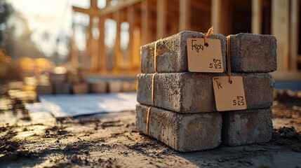 Wall Mural - stack of concrete foundation blocks with price tags attached. partially constructed foundation wall 