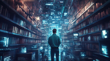 A man standing in front of futuristic nextgen vast library advanced technology and neon blue lights digital background