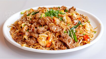 Wall Mural - Stir-fried Noodles with Beef, Shrimp, and Vegetables on a White Plate