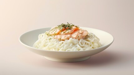 Wall Mural - A White Bowl with White Rice Topped with Salmon and Green Herbs