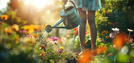 Poster - Watering Flowers in a Summer Garden