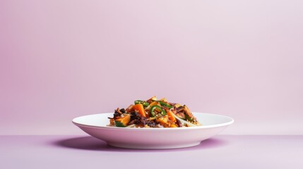 Wall Mural - A Serving of Stir-fried Vegetables and Meat on a White Plate Against a Pink Background