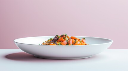 Wall Mural - A White Bowl Filled with a Colorful Dish Against a Pink Background