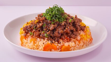 Poster - A plate of beef and vegetable fried rice topped with green onions