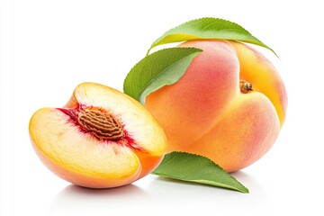 Ripe peach with leaf and peach slices on white background. File contains clipping path with generative ai