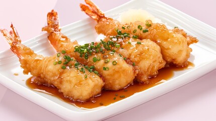 Wall Mural - Four Golden-Brown Breaded Shrimp with Sauce on a White Plate