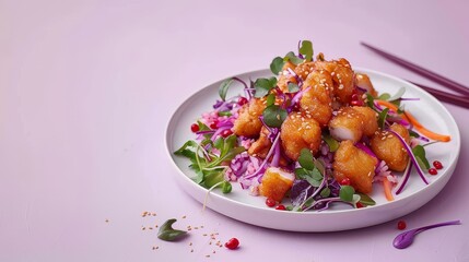 Wall Mural - Crispy Fried Fish with Sesame Seeds and Mixed Greens Salad on White Plate