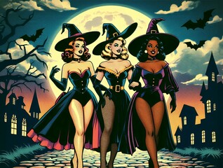 Retro-style Halloween illustration featuring three glamorous witches in fashionable dresses and hats, walking under a full moon with bats in the sky.