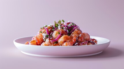 Wall Mural - A White Plate of Sauteed Shrimp with Red Onion and Green Onions on a Purple Background