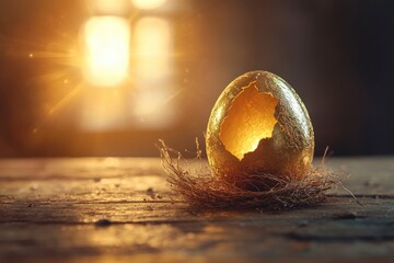 Wall Mural - shiny golden nest egg on wooden table cracking open with burst of light - investment maturity concep