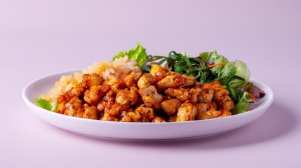 Wall Mural - A plate of crispy, orange chicken with lettuce and sesame seeds on a white plate