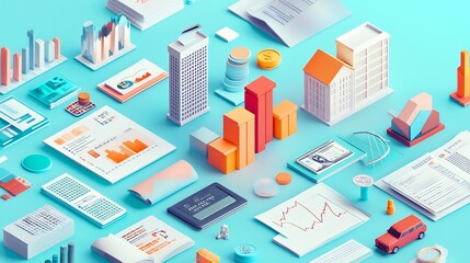 Wall Mural - detailed illustration of an investment portfolio with diverse assets like stocks bonds and real esta