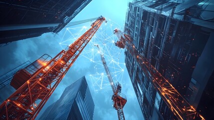 Wall Mural - integrated internet of things iot technology seamlessly coordinating the of multiple cranes on a lar