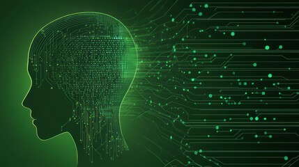 Human head formed with electronic circuits, AI, technology, artificial intelligence, digital network, glowing lines, abstract concept, green, futuristic, artificial mind, tech, human, brain