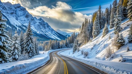 Poster - Snow-covered road winding through the mountains, mountain, winter, snow, cold, icy, landscape, scenery, travel, white