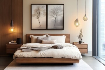 modern bedroom, minimalist design, wooden bed frame, cozy bedding, soft neutral tones, natural light, elegant pendant lights, framed tree artwork, stylish side tables, serene atmosphere, contemporary 