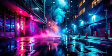 Wall Mural - Dark and moody urban scene with neon lights, wet asphalt, and smoke , street, reflection, neon light, dark, abstract, background