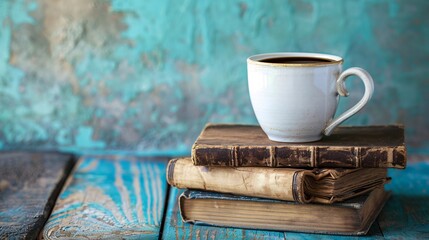 07231249 126. White coffee cup filled with dark black coffee, placed on a stack of old books on a weathered wooden table, with a serene blue wall background, capturing a vintage and cozy atmosphere