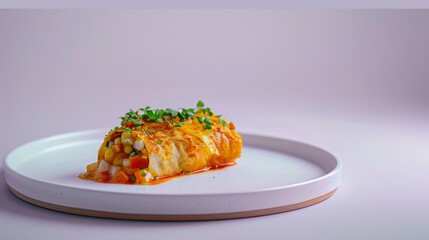 Wall Mural - A slice of cheesy, savory, and vegetable-filled pastry on a white plate