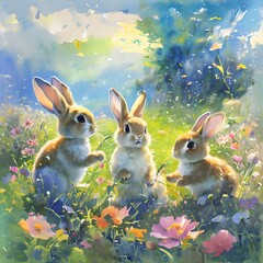 whimsical illustration of three rabbits playing in the meadow