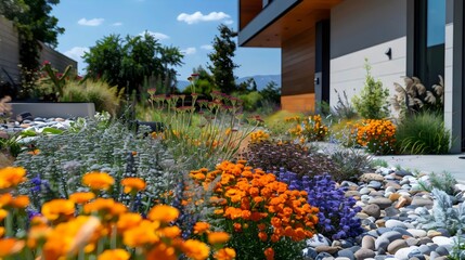 Autumnal park with colorful flowers near an old house under a blue sky